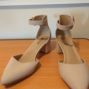 BAMBOO Cream Heels with Ankle Strap and Block Heel